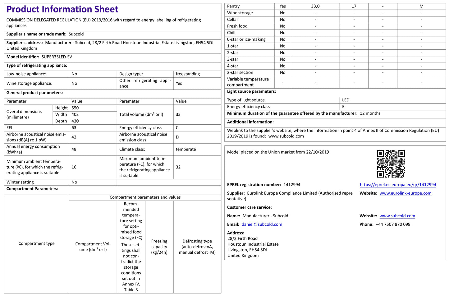 Subcold Super 35 LED Beer Fridge - Silver | Refurbished